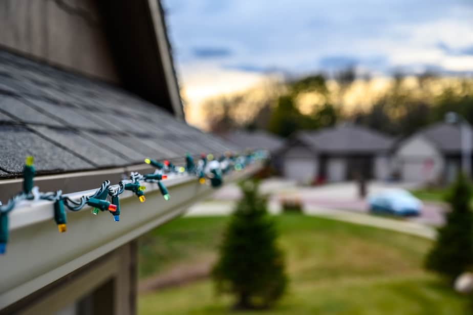 String lights on a roof. 